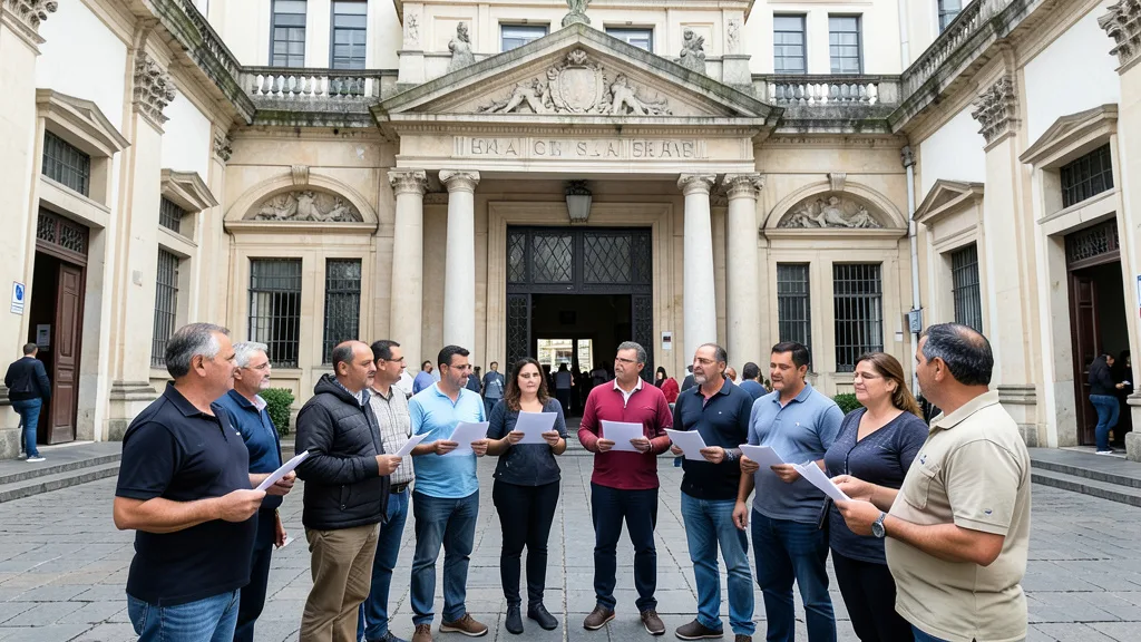 Imagem gerada por IA: Participantes se reúnem no pátio de uma faculdade de direito para um ato cívico.