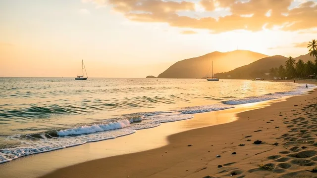 Imagem gerada por IA: Praia tranquila em Mar Grande, na Ilha de Itaparica, ao entardecer