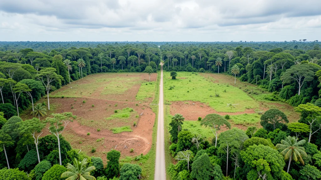 Imagem gerada por IA: Vista aérea da floresta amazônica junto a uma área de pastagem e uma estrada de terra.