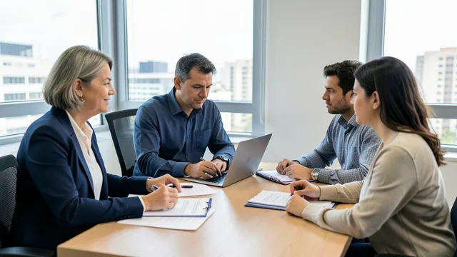 Imagem gerada por IA: Recrutador analisa currículos durante uma entrevista de emprego em um escritório.
