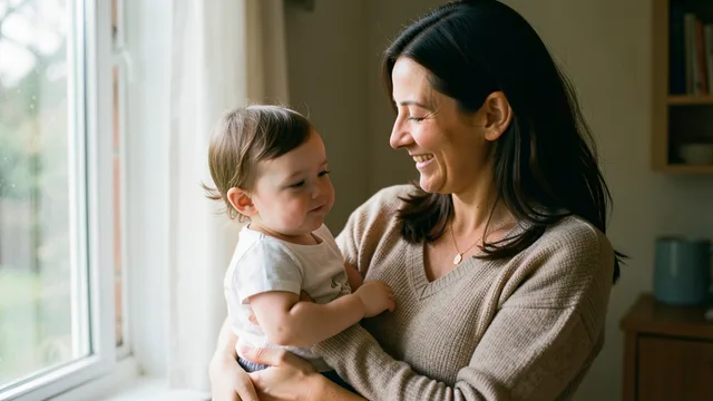 Imagem gerada por IA: Mulher segura a filha pequena em um momento afetuoso em casa.