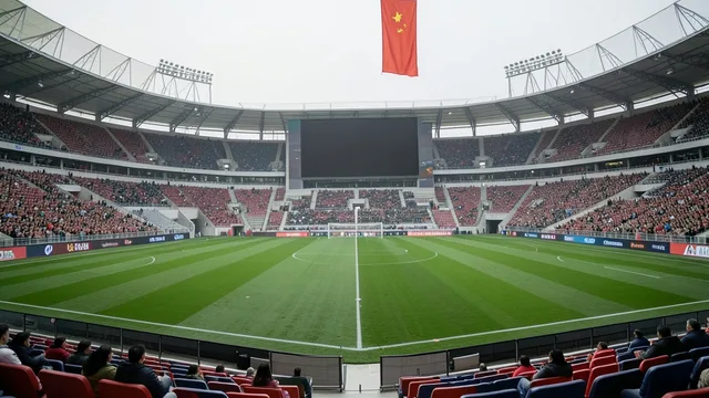 Imagem gerada por IA: Campo de futebol vazio em um estádio com uma bandeira chinesa ao fundo.