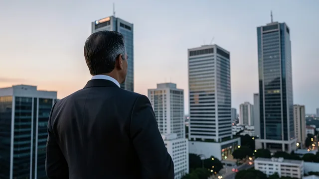 Imagem gerada por IA: Economista observa prédios de escritórios em um centro financeiro brasileiro.
