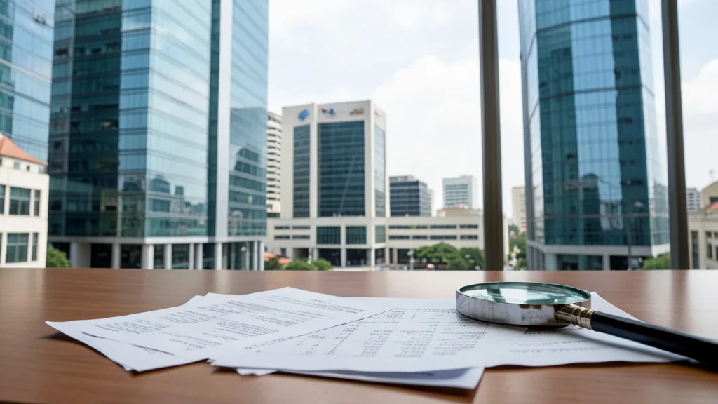 Imagem gerada por IA: Documentos financeiros e uma lupa diante de prédios comerciais em São Paulo.