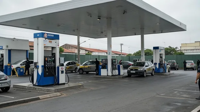 Imagem gerada por IA: Postos de combustíveis fechados com veículos policiais ao fundo.