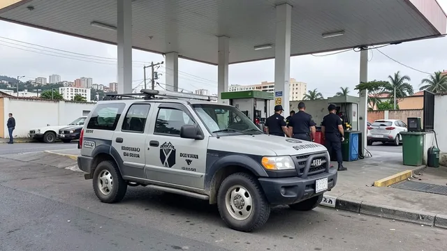 Imagem gerada por IA: Viatura da Polícia Federal diante de um posto de combustíveis no Rio de Janeiro.