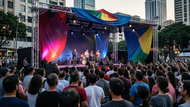 Público acompanha um ato político em um palco no centro de São Paulo.