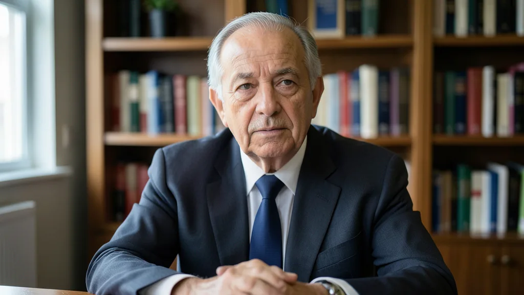Imagem gerada por IA: Marco Aurélio Mello em retrato formal, em um ambiente de escritório.