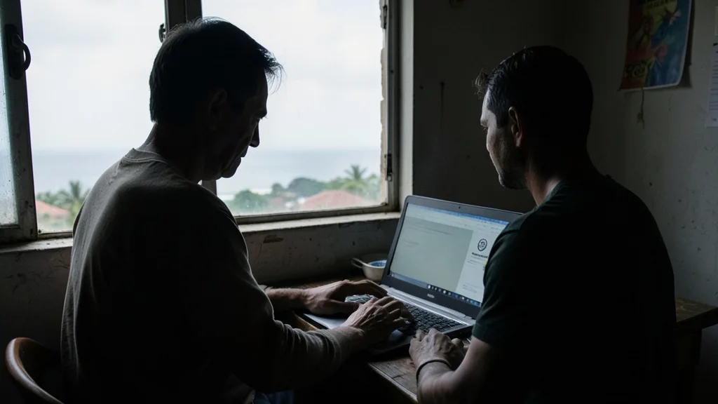Imagem gerada por IA: Pessoa usa um laptop em um ambiente discreto, com a costa cubana ao fundo.