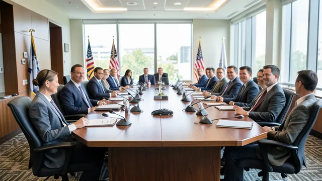Imagem gerada por IA: Sala de reunião diplomática com cadeiras vazias ao redor de uma longa mesa.