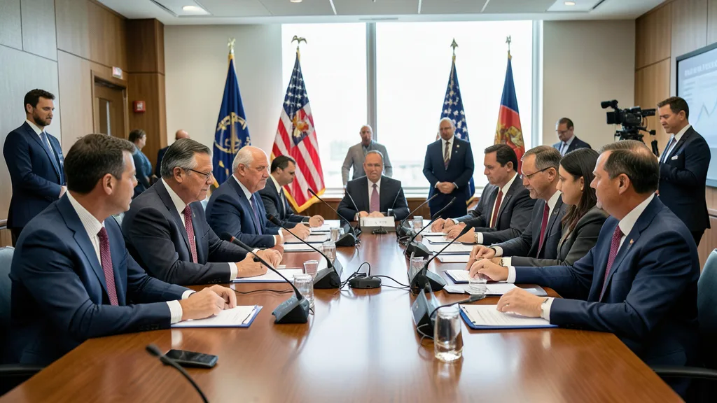 Imagem gerada por IA: Diplomatas reunidos em torno de uma mesa durante um encontro internacional.
