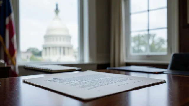 Imagem gerada por IA: Carta sobre uma mesa em um escritório do governo dos EUA, com o Capitólio ao fundo.