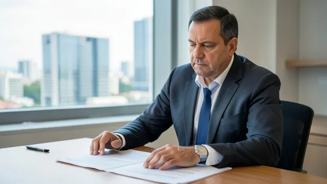 Imagem gerada por IA: Economista analisa documentos orçamentários em uma mesa, com prédios governamentais ao fundo.