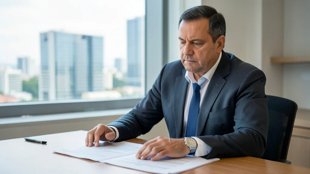 Imagem gerada por IA: Economista analisa documentos orçamentários em uma mesa, com prédios governamentais ao fundo.