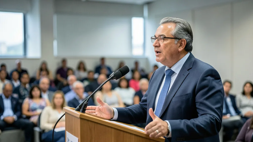 Imagem gerada por IA: Marcos Mendes fala em um congresso de economia diante de uma plateia.
