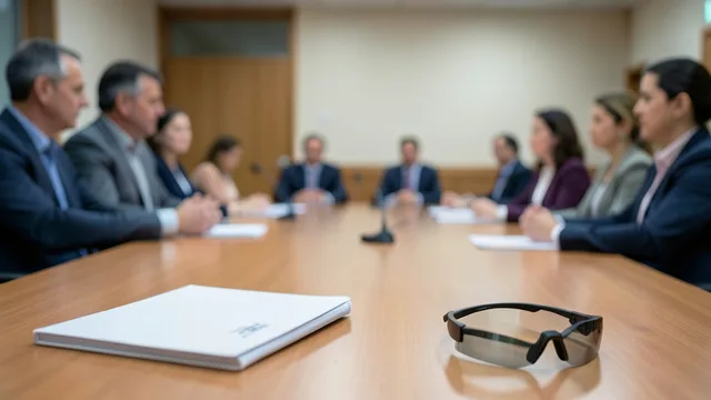 Imagem gerada por IA: Sala de audiência legislativa com parlamentares genéricos e objetos ligados à discussão sobre armas.