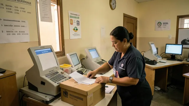 Imagem gerada por IA: Equipamentos e urnas em um centro de apuração eleitoral em Rondônia.