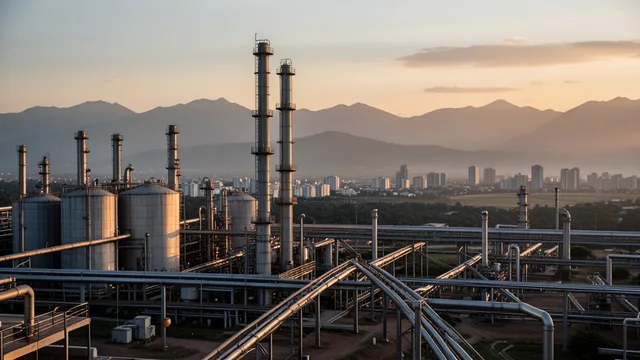 Imagem gerada por IA: Instalações de uma refinaria de petróleo na Venezuela ao entardecer.