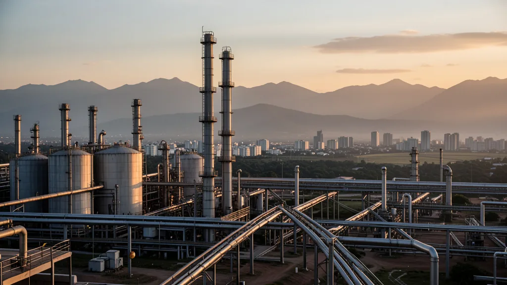 Imagem gerada por IA: Instalações de uma refinaria de petróleo na Venezuela ao entardecer.