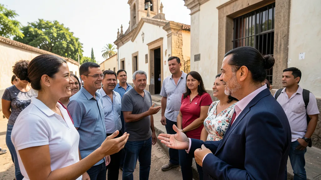 Imagem gerada por IA: María Corina Machado cumprimenta apoiadores diante de uma igreja na Venezuela.