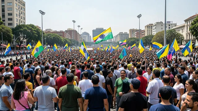 Imagem gerada por IA: Manifestantes com bandeiras venezuelanas em uma mobilização política em Caracas.