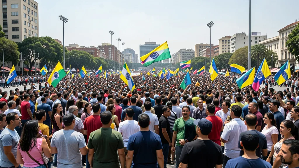 Imagem gerada por IA: Manifestantes com bandeiras venezuelanas em uma mobilização política em Caracas.