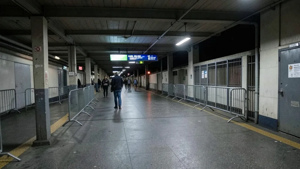 Imagem gerada por IA: Entrada de estação de metrô à noite, com passageiros ao fundo e catracas visíveis.