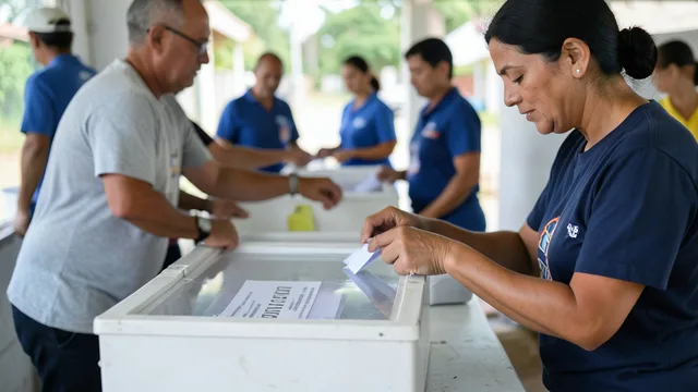 Imagem gerada por IA: Eleitor deposita cédula em uma urna durante votação em local de votação em Pernambuco.