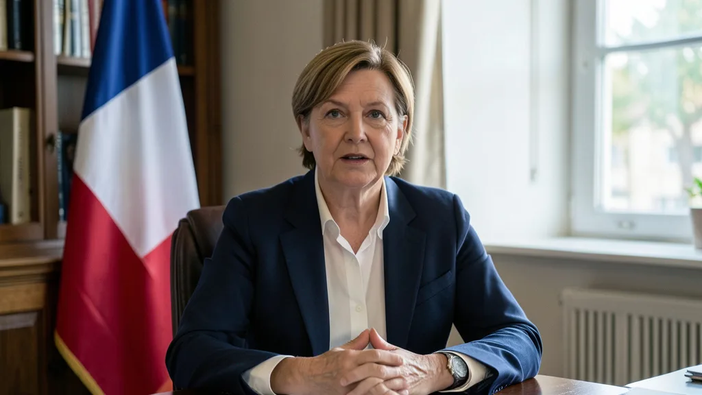 Imagem gerada por IA: Marine Le Pen em seu escritório, diante de uma bandeira da França.