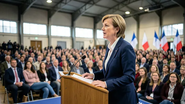 Imagem gerada por IA: Marine Le Pen discursa em um comício diante de apoiadores na França.