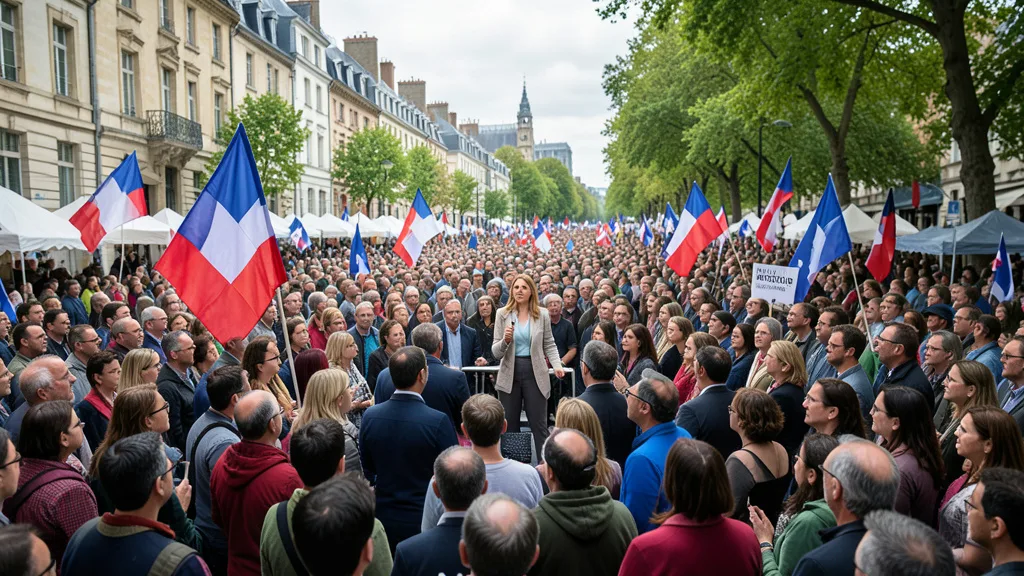 Imagem gerada por IA: Candidata discursa em um palanque diante de apoiadores em um evento político na França.