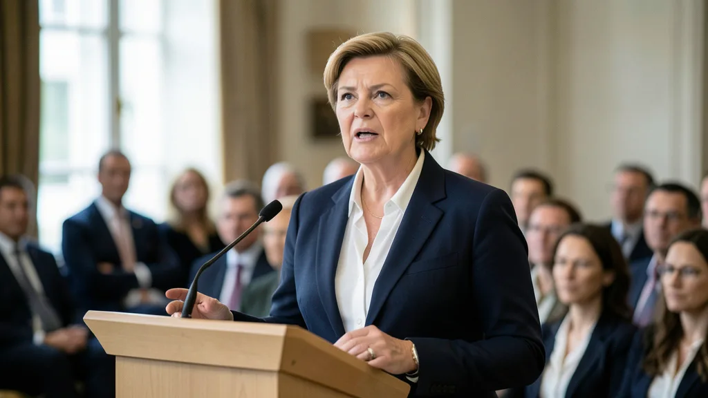 Imagem gerada por IA: Marine Le Pen fala em um evento político na França.