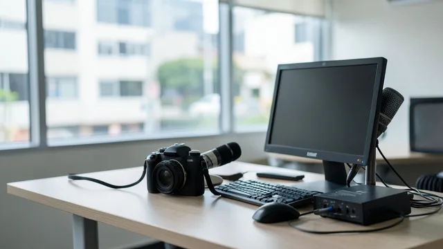Imagem gerada por IA: Equipamentos de comunicação sobre uma mesa em um escritório.