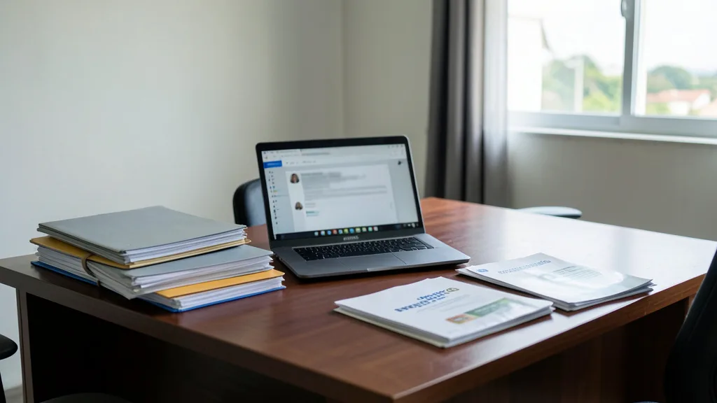 Mesa de escritório em Brasília com computador e pastas ligados a uma investigação sobre gastos de campanha.