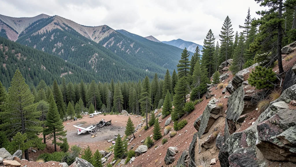 Imagem gerada por IA: Área remota e montanhosa no Colorado, perto de Swampy Pass, onde ocorreu a queda do avião.