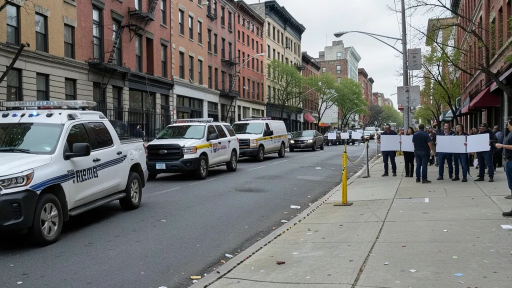 Imagem gerada por IA: Veículos federais e manifestantes em uma rua do Bronx após uma operação de imigração.