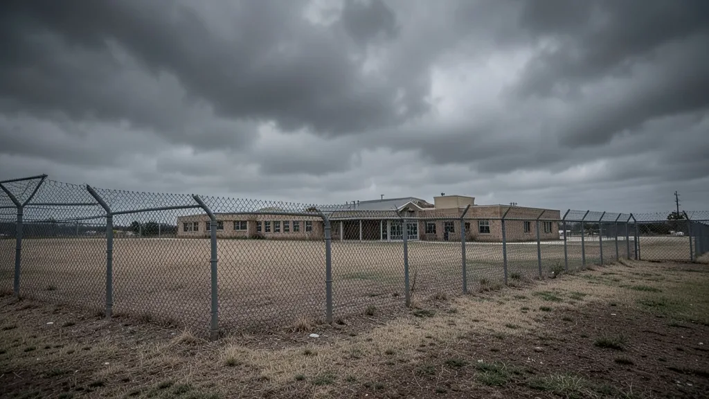 Imagem gerada por IA: Exterior de uma penitenciária militar cercada por grades sob céu nublado.
