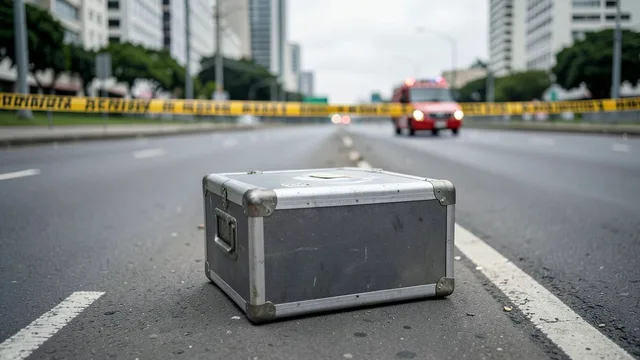 Imagem gerada por IA: Recipiente metálico fechado junto a uma rodovia, com área isolada por fita de segurança.