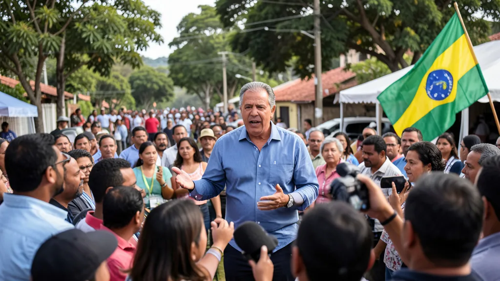 Imagem gerada por IA: Candidato discursa em ato de campanha diante de apoiadores em Minas Gerais.