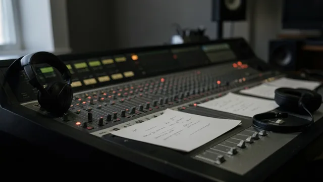 Mesa de estúdio musical com fones e partituras sem marcas legíveis, em ambiente escuro.