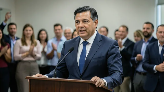 Imagem gerada por IA: Político discursa em um evento público após a divulgação do resultado eleitoral.