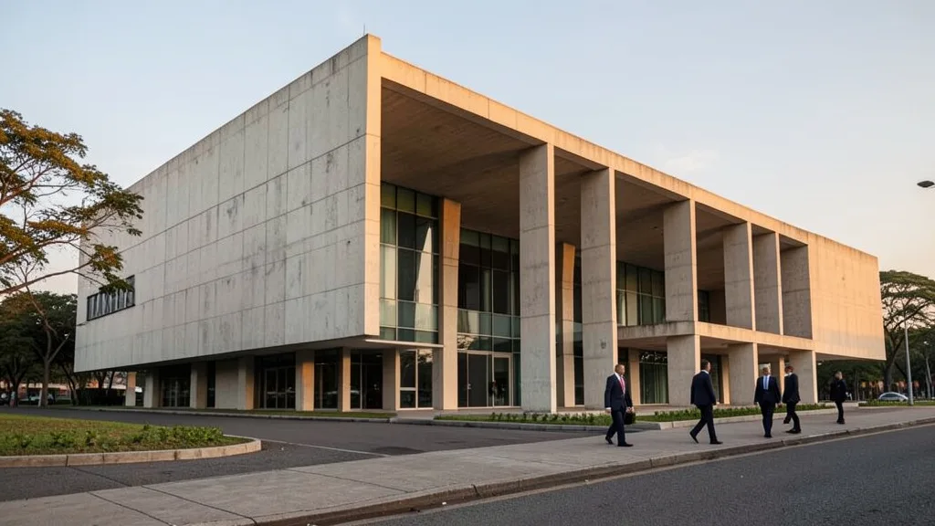 Imagem gerada por IA: O Palácio Itamaraty, em Brasília, visto do lado de fora durante a tarde.