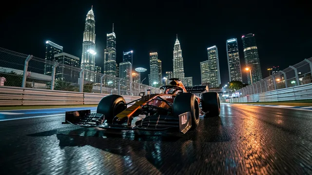 Imagem gerada por IA: Carro de Fórmula 1 contorna o circuito iluminado de Marina Bay à noite.