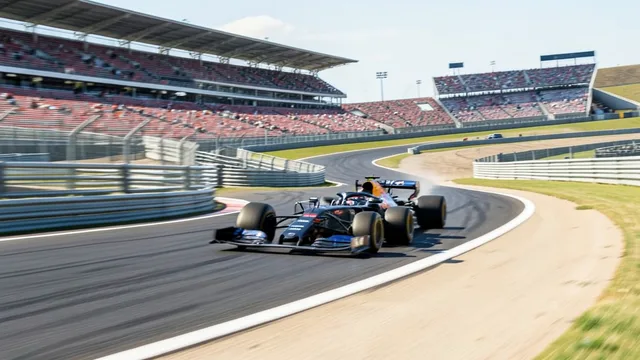 Imagem gerada por IA: Carros de Fórmula 1 fazem uma curva no Circuito das Américas, em Austin.