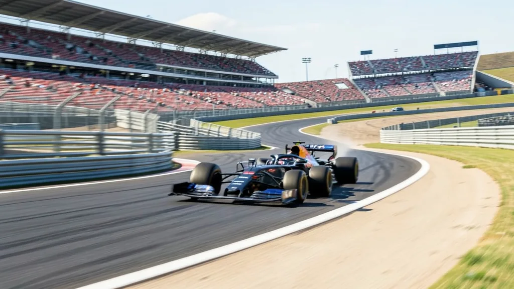 Imagem gerada por IA: Carros de Fórmula 1 fazem uma curva no Circuito das Américas, em Austin.