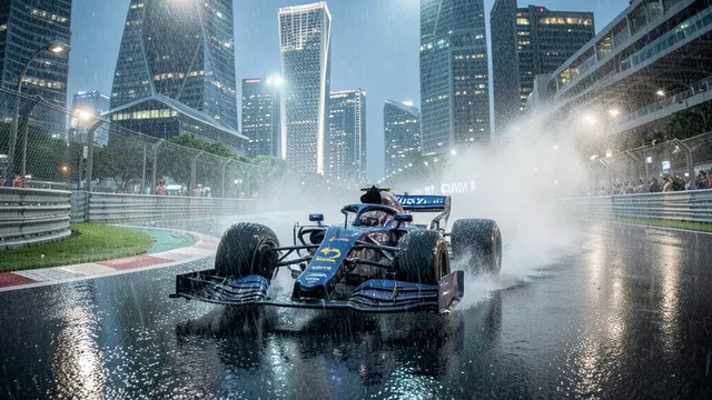 Imagem gerada por IA: Carro de Fórmula 1 lidera uma corrida sob chuva no circuito de Marina Bay, em Singapura.