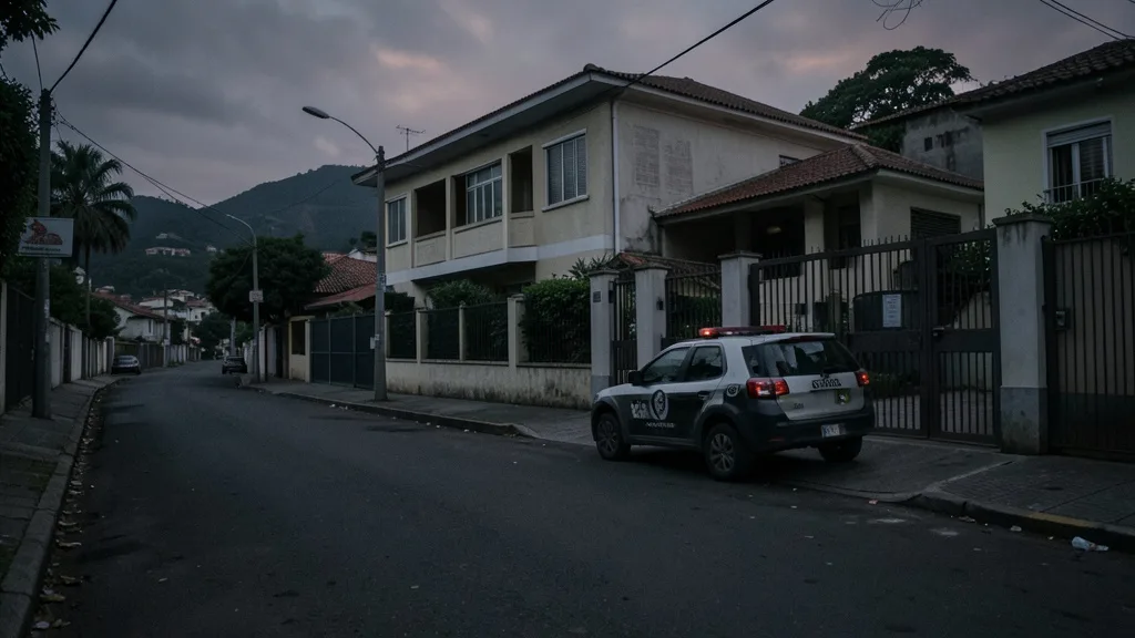 Imagem gerada por IA: Rua residencial do Rio de Janeiro com uma viatura policial diante de uma casa cercada por muros.
