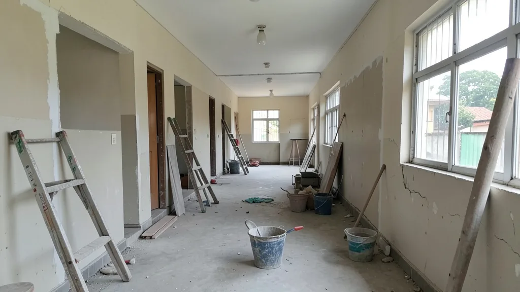 Sala de escola estadual em reforma, com materiais de construção e paredes inacabadas.