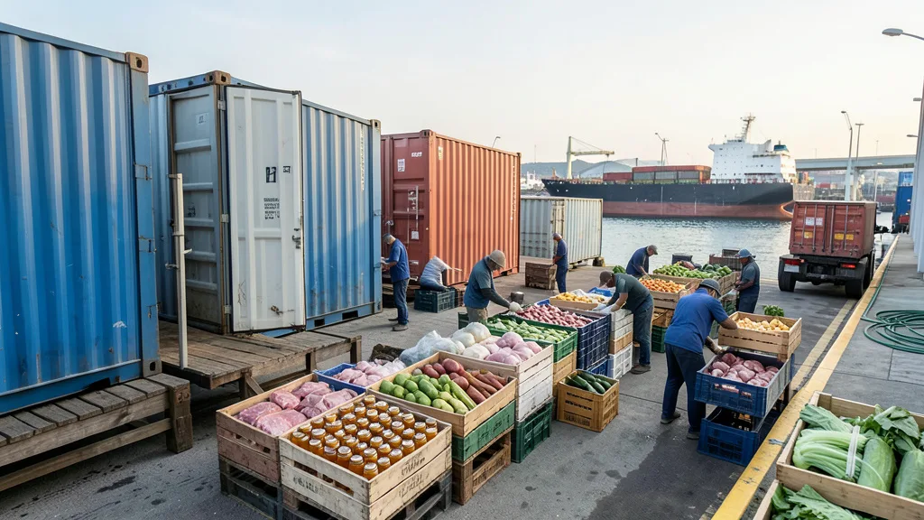 Imagem gerada por IA: Produtos agrícolas brasileiros são preparados para embarque em um porto, com contêineres e navio ao fundo.