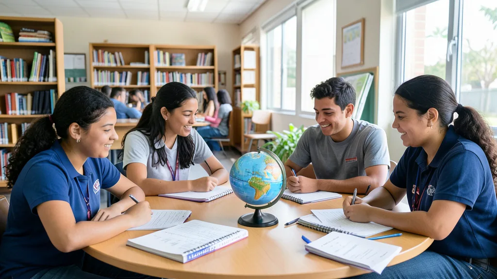 Imagem gerada por IA: Estudantes do ensino médio estudam juntos em uma biblioteca, com livros e um globo sobre a mesa.